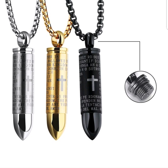Men's Cross Necklace With Lord's Prayer Bullet Pendant - Stainless Steel Cremation Urn, 20 Inch Chain